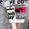 Women White O Neck Graphic Plus Size Knit Sweater Spring