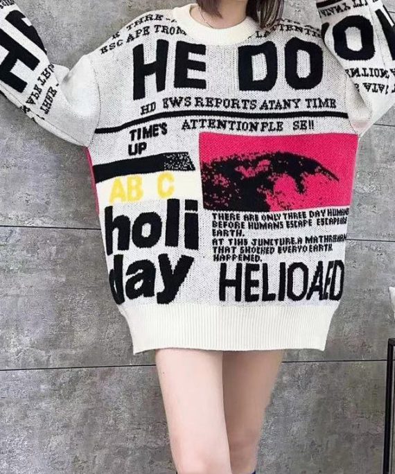 Women White O Neck Graphic Plus Size Knit Sweater Spring