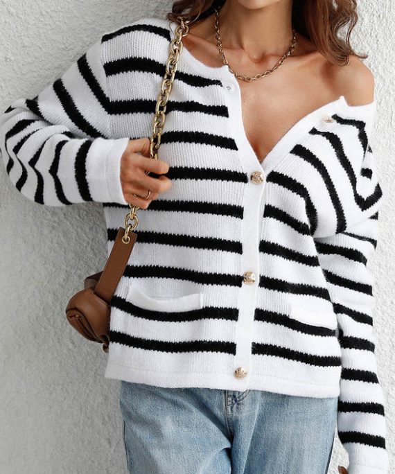 Women White O Neck Striped Knit Loose Cardigans Spring