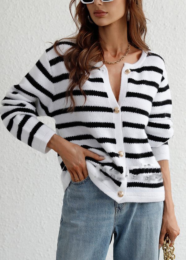 Women White O Neck Striped Knit Loose Cardigans Spring - Image 2