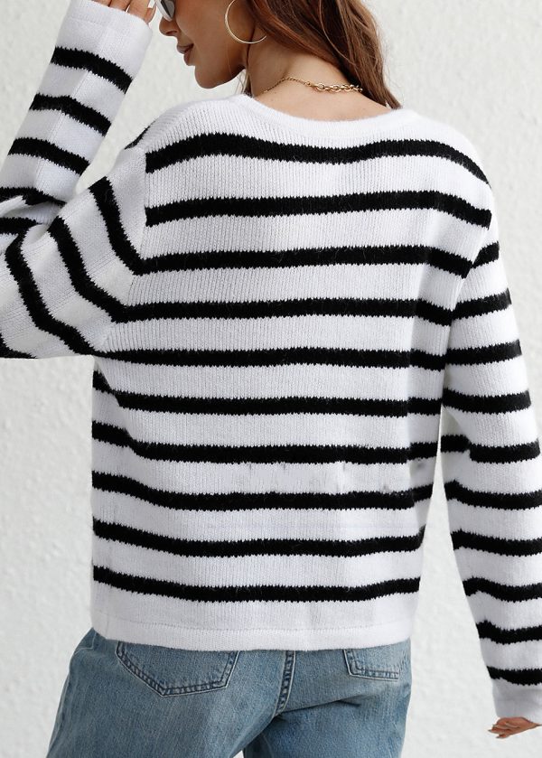 Women White O Neck Striped Knit Loose Cardigans Spring - Image 5