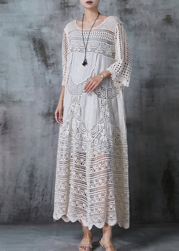 Women White Oversized Hollow Out Lace Long Dress Summer - Image 3