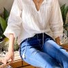 Women White Ruffled Hollow Out Lace Up Cotton Shirt Spring