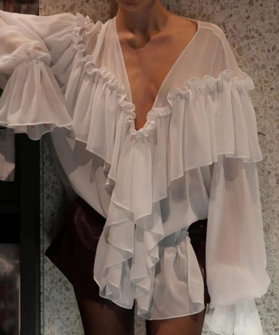 Women White V Neck Ruffled Patchwork Chiffon Shirt Flare Sleeve