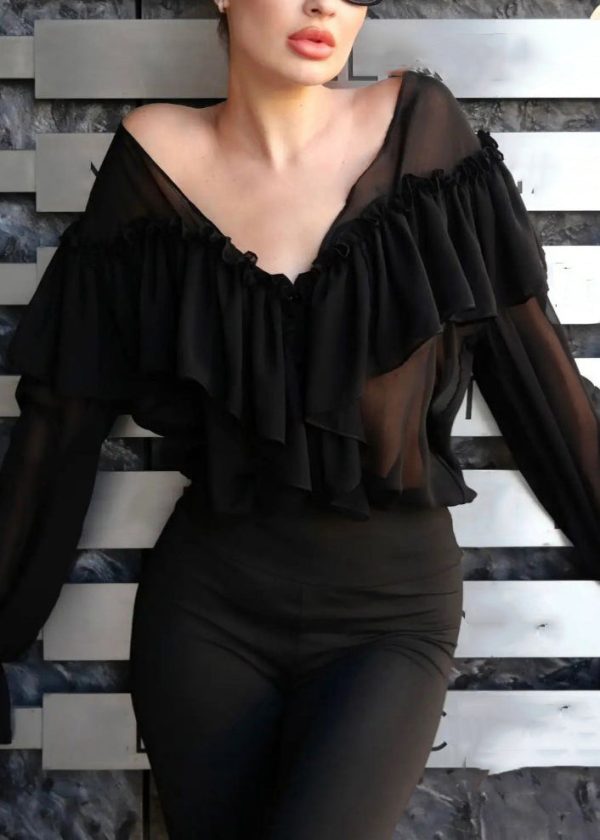 Women White V Neck Ruffled Patchwork Chiffon Shirt Flare Sleeve - Image 2