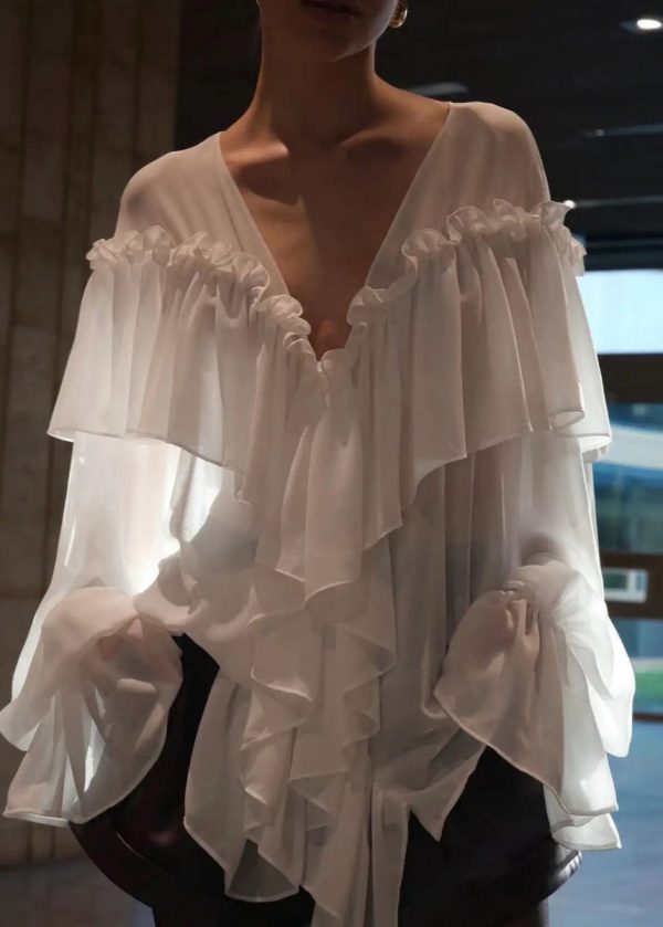Women White V Neck Ruffled Patchwork Chiffon Shirt Flare Sleeve - Image 5
