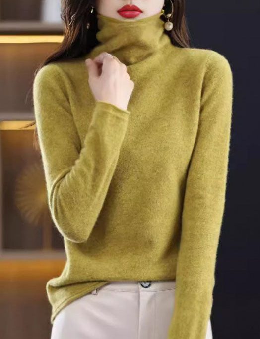 Women Yellow Turtle Neck Slim Fit Woolen Knit Pullover Spring