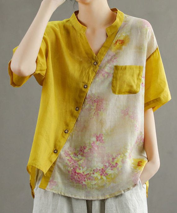 Women Yellow V Neck Asymmetrical Print Blouse Tops Short Sleeve