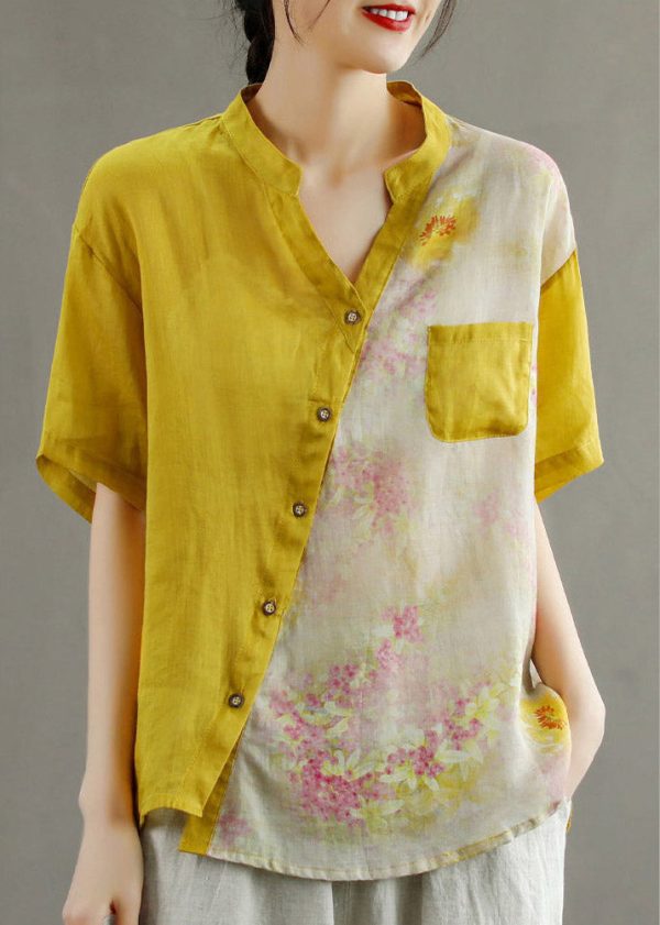 Women Yellow V Neck Asymmetrical Print Blouse Tops Short Sleeve - Image 2