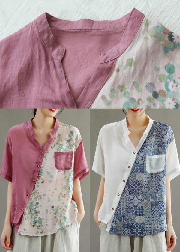 Women Yellow V Neck Asymmetrical Print Blouse Tops Short Sleeve - Image 5