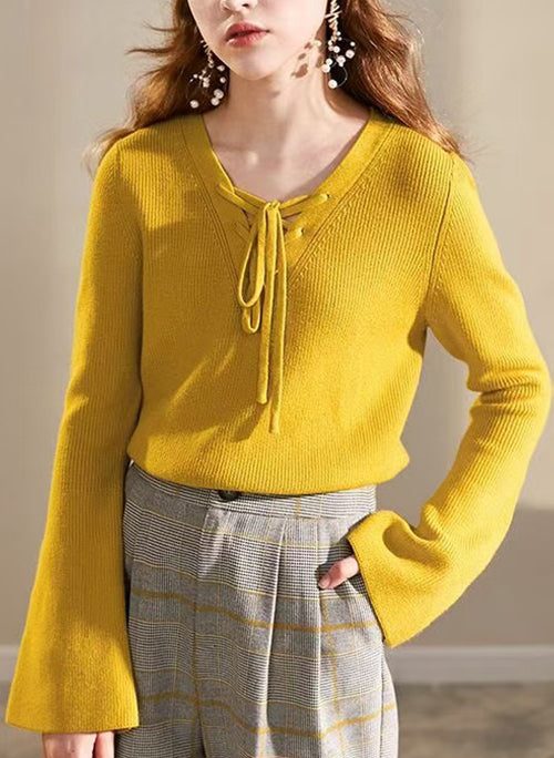Women Yellow V Neck Lace Up Knit Sweater Flare Sleeve