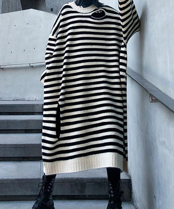 Women beige striped Sweater outfits Design o neck Hole DIY sweater dresses