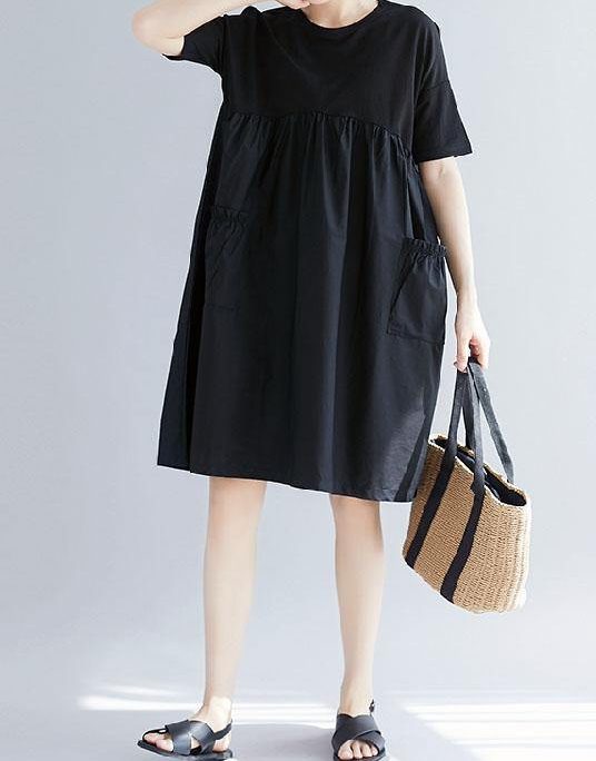 Women black Cotton blended o neck pockets loose summer Dresses