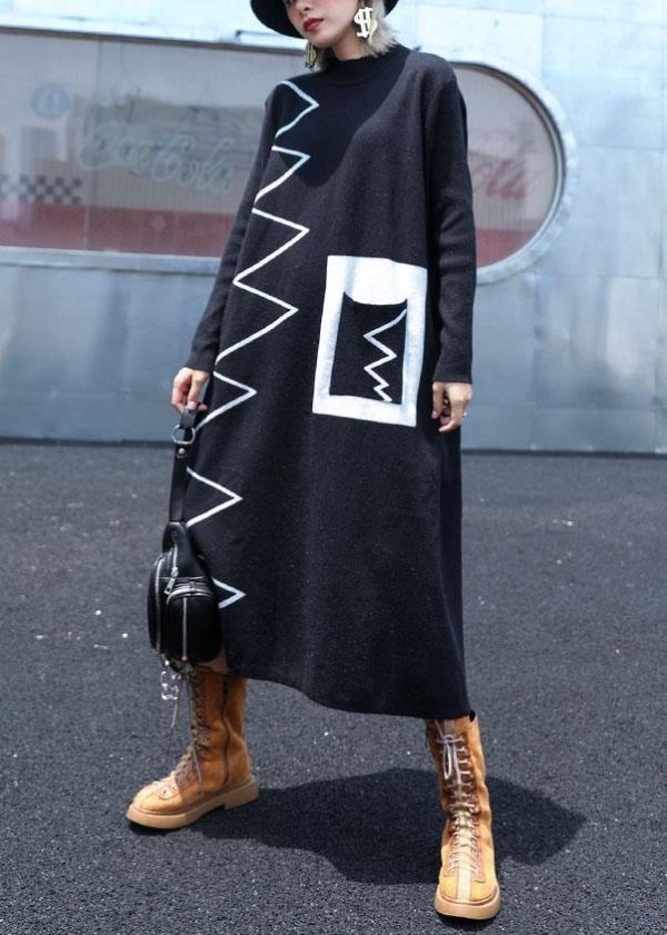 Women black Sweater dresses DIY patchwork color Ugly fall knitwear - Image 4