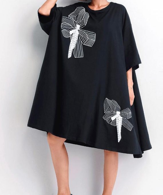 Women black embroidery Cotton big hem shift summer Dresses