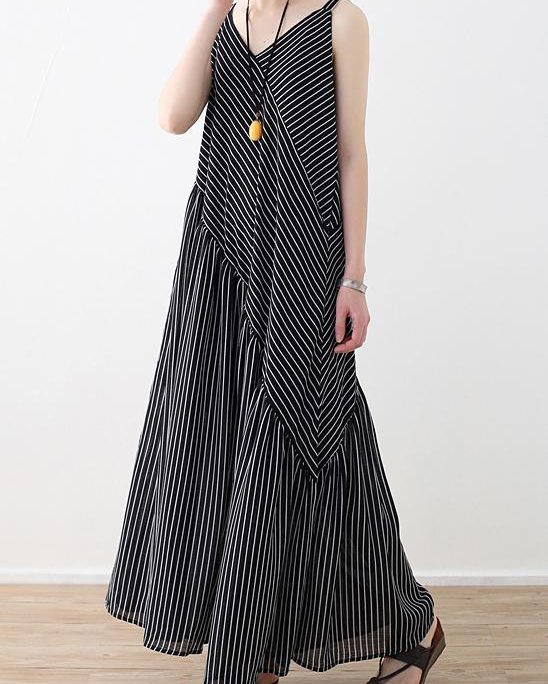 Women black striped chiffon clothes Boho Outfits Spaghetti Strap asymmetric Robe rSummer Romper