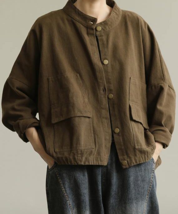 Women chocolate fine coat for woman stand collar Button Down coat