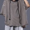 Women drawstring hooded cotton tunic pattern Tunic Tops black striped blouse summer
