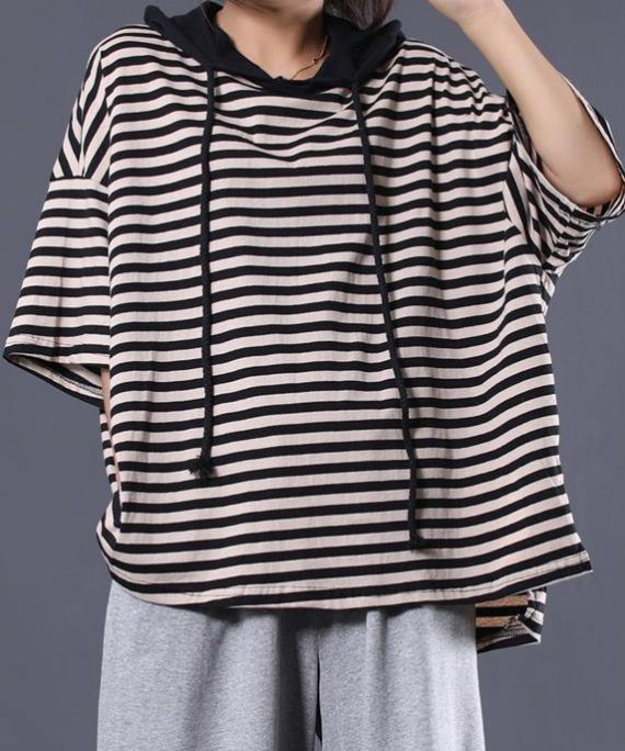Women drawstring hooded cotton tunic pattern Tunic Tops black striped blouse summer