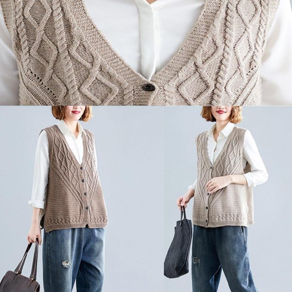 Women fall dark khaki v neck knitted blouse Loose fitting sleeveless clothes - Image 5