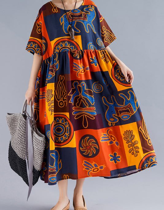 Women floral linen Robes Pakistani Wardrobes o neck Cinched Art Summer Dresses