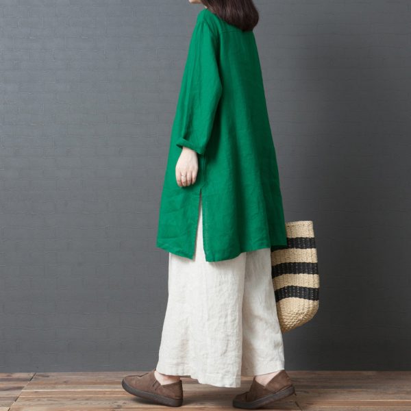 Women green linen outfit Casual Fabrics Chinese Button short side open Dress - Image 4