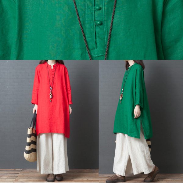 Women green linen outfit Casual Fabrics Chinese Button short side open Dress - Image 6