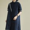 Women lapel Button Down Cotton blend summer Robes design navy striped Dresses