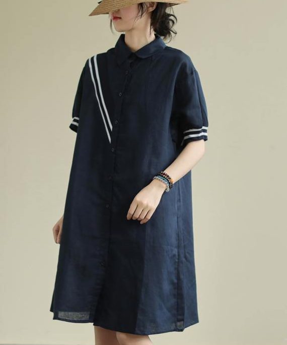 Women lapel Button Down Cotton blend summer Robes design navy striped Dresses
