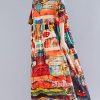 Women o neck Cinched cotton linen quilting clothes Shirts floral Dress