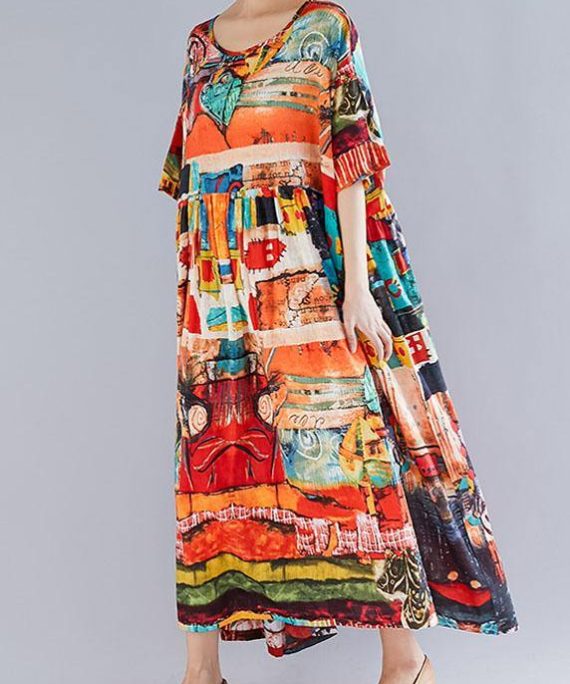 Women o neck Cinched cotton linen quilting clothes Shirts floral Dress