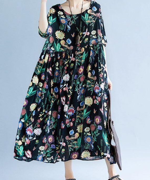 Women o neck Cinched cotton linen summer outfit Tutorials black print Dress