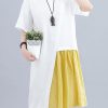 Women patchwork o neck linen dresses Sewing white Dresses summer
