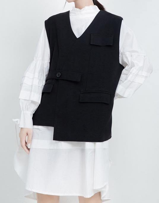 Women V Neck Fine Sleeveless Outwear Black Silhouette Women Coats