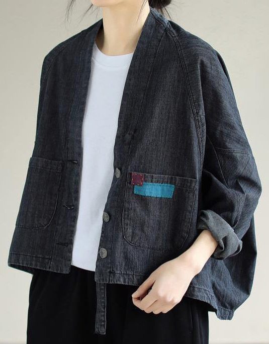 Women Denim Black Coats V Neck Button Down Spring Coats
