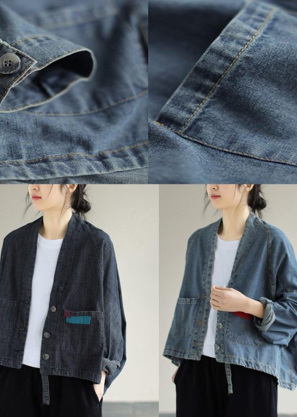 Women Denim Black Coats V Neck Button Down Spring Coats - Image 5