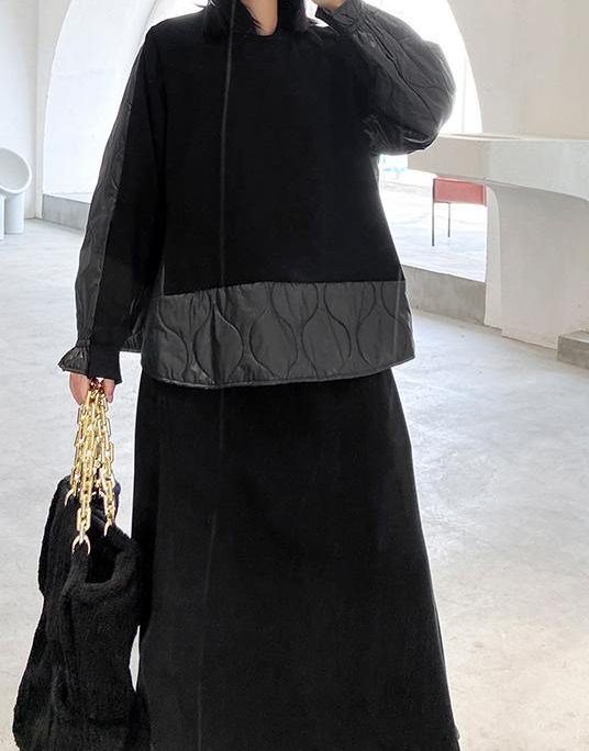 Women's Retro Winter Fashion Black Patchwork sweater skirt two piece set