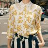 Yellow Print Chiffon Blouse Tops Bracelet Sleeve
