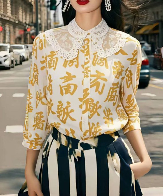Yellow Print Chiffon Blouse Tops Bracelet Sleeve