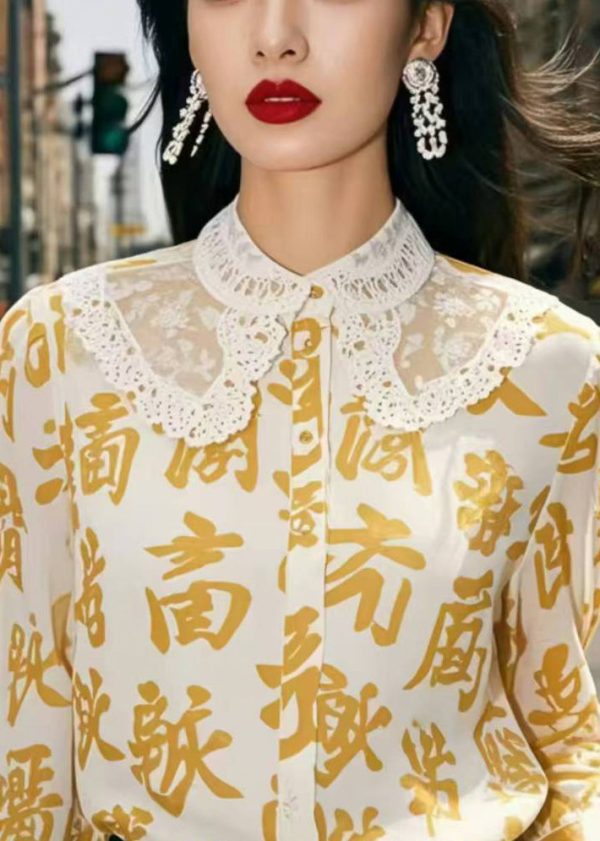 Yellow Print Chiffon Blouse Tops Bracelet Sleeve - Image 2