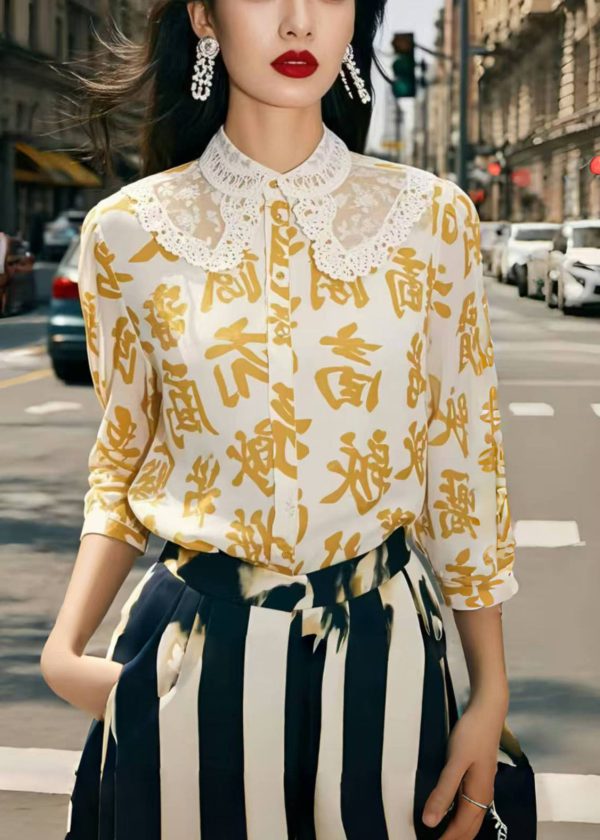 Yellow Print Chiffon Blouse Tops Bracelet Sleeve - Image 3