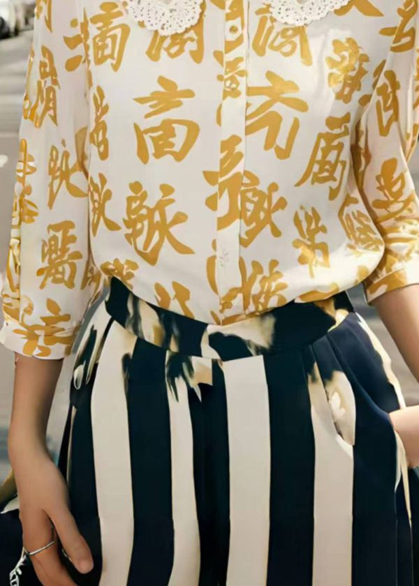 Yellow Print Chiffon Blouse Tops Bracelet Sleeve - Image 4