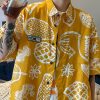 Yellow Print Pockets Cotton Men Shirts Peter Pan Collar Half Sleeve