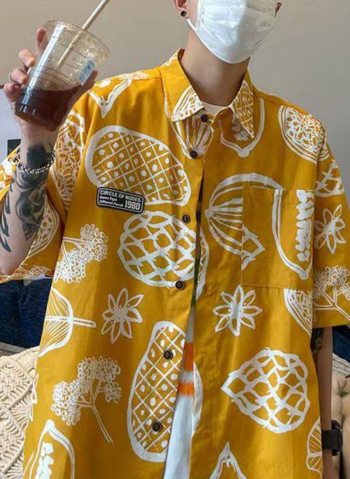 Yellow Print Pockets Cotton Men Shirts Peter Pan Collar Half Sleeve