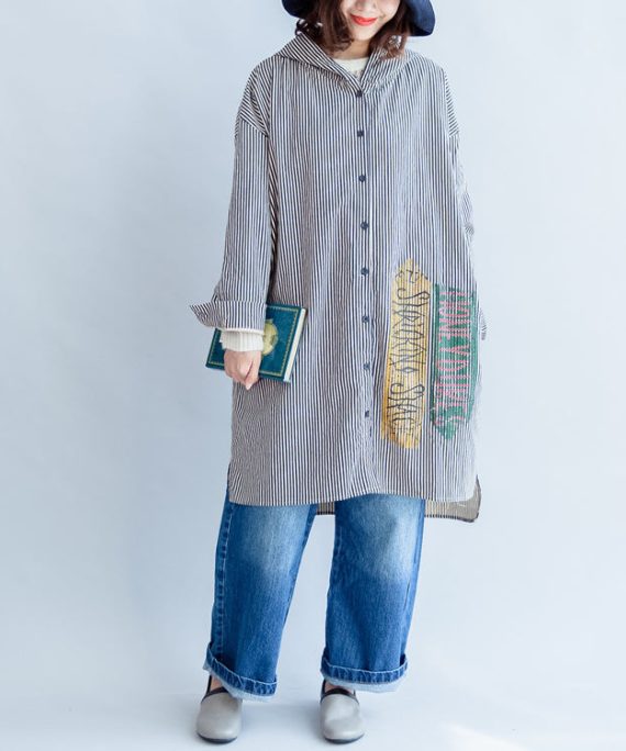 autumn black beige striped prints cotton shirt dress plus size hooded cardigans mid dress