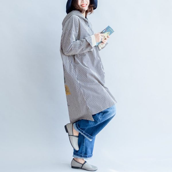 autumn black beige striped prints cotton shirt dress plus size hooded cardigans mid dress - Image 3