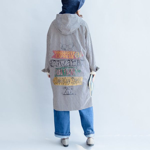 autumn black beige striped prints cotton shirt dress plus size hooded cardigans mid dress - Image 4