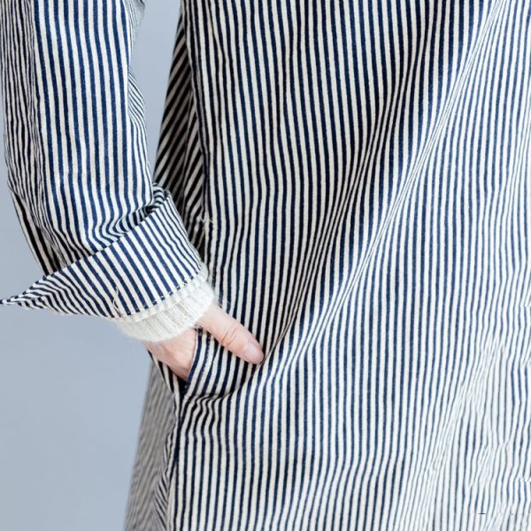 autumn black beige striped prints cotton shirt dress plus size hooded cardigans mid dress - Image 5