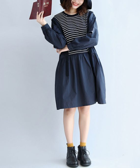 autumn cotton patchwork knit striped dresses oversize elastic waist long sleeve mid dress