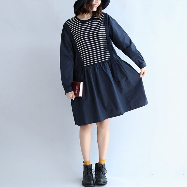 autumn cotton patchwork knit striped dresses oversize elastic waist long sleeve mid dress - Image 2